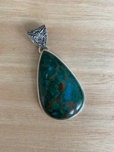 Big Azurite malachite silver pendant, Teardrop azurite malachite pendant, Big azurite malachite necklace