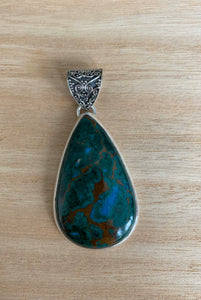 Big Azurite malachite silver pendant, Teardrop azurite malachite pendant, Big azurite malachite necklace