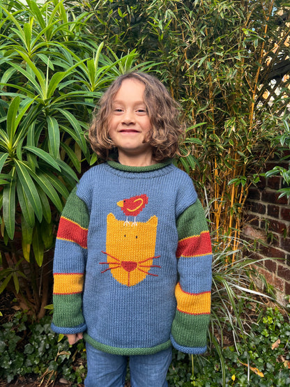 Alpaca wool cat jumper, Toddler knitted jumper, Cat and bird knitted Jumper,  Green cat knit sweater,  Cat gifts