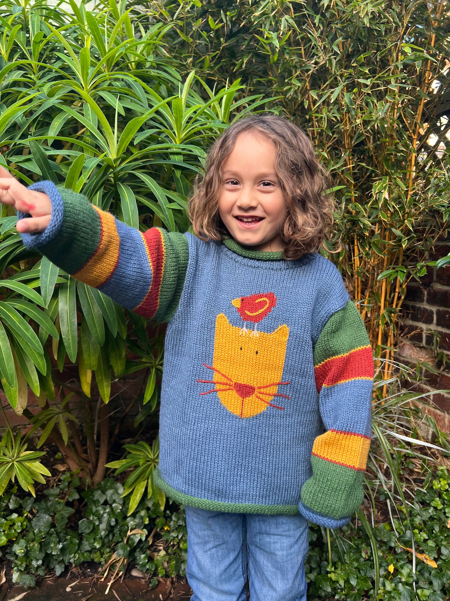 Alpaca wool cat jumper, Toddler knitted jumper, Cat and bird knitted Jumper,  Green cat knit sweater,  Cat gifts