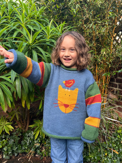 Alpaca wool cat jumper, Toddler knitted jumper, Cat and bird knitted Jumper,  Green cat knit sweater,  Cat gifts