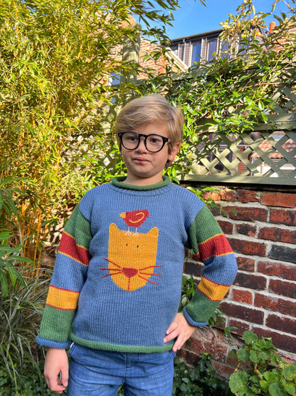 Alpaca wool cat jumper, Toddler knitted jumper, Cat and bird knitted Jumper,  Green cat knit sweater,  Cat gifts
