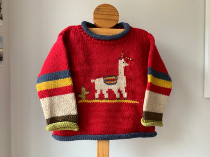 Toddler llama knit jumper, red llama pullover made from alpaca wool, Llama sweater, Llama gilrl boy clothing
