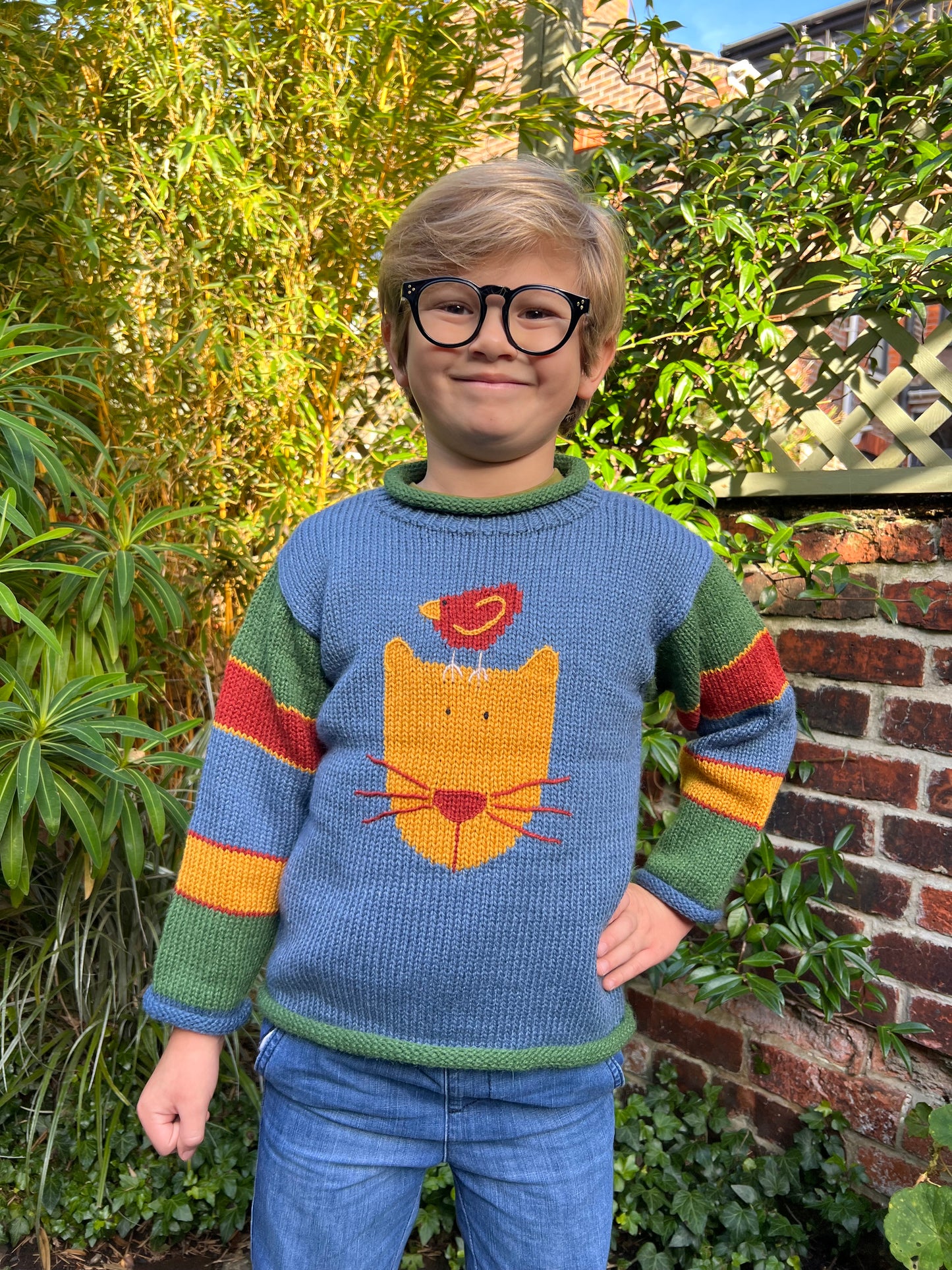 Alpaca wool cat jumper, Toddler knitted jumper, Cat and bird knitted Jumper,  Green cat knit sweater,  Cat gifts