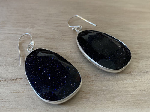 Big blue sandstone faceted silver earrings