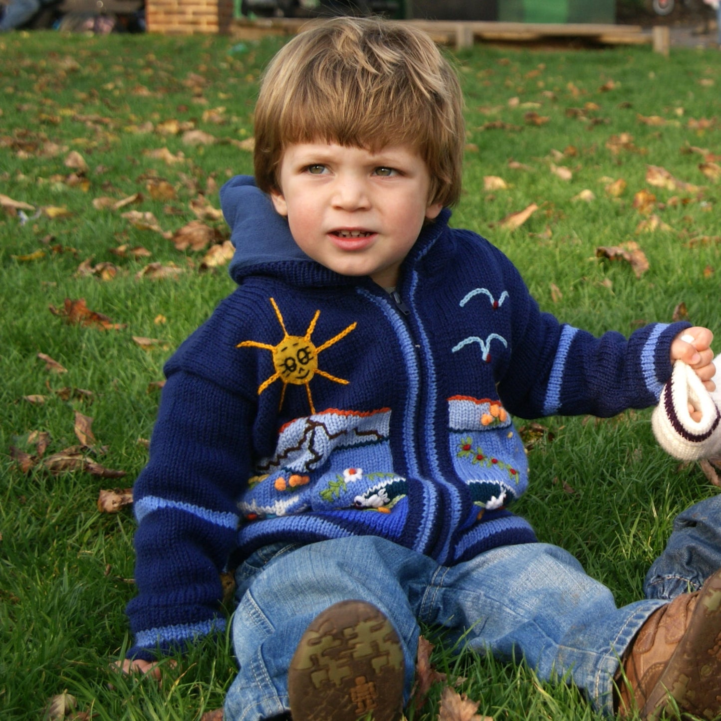 Boy/Baby/Children/Kids Blue fleece lined knitted Cardigan/Sweater/Jacket/Coat with hand embroidered applications