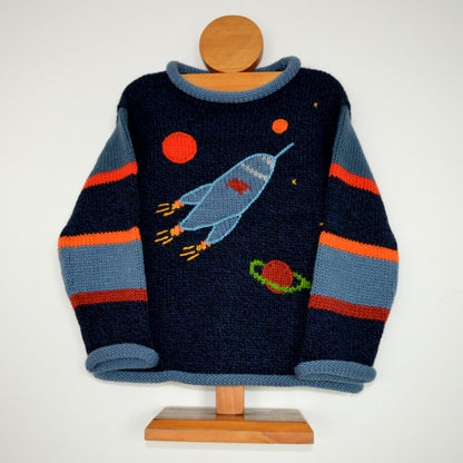 Boy Alpaca Jumper Rocket motif, Boy Sweater/Pullover, Knitted Children Clothing,Toddler Clothing, Fun children clothes, Blue jumper, Toodler