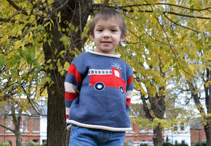 Boy Alpaca Sweater Fire engine motif, Boy Alpaca Jumper Sweater/Pullover Fire engine