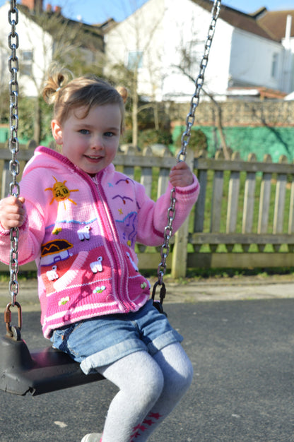 Girl/Baby/ Children/Kids Pink fleece lined knitted Cardigan/Sweater/Jacket/Coat (Fleece lined) with hand embroidered applications
