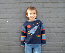 Load image into Gallery viewer, Boy Alpaca Jumper Rocket motif, Boy Sweater/Pullover, Knitted Children Clothing,Toddler Clothing, Fun children clothes, Blue jumper, Toodler