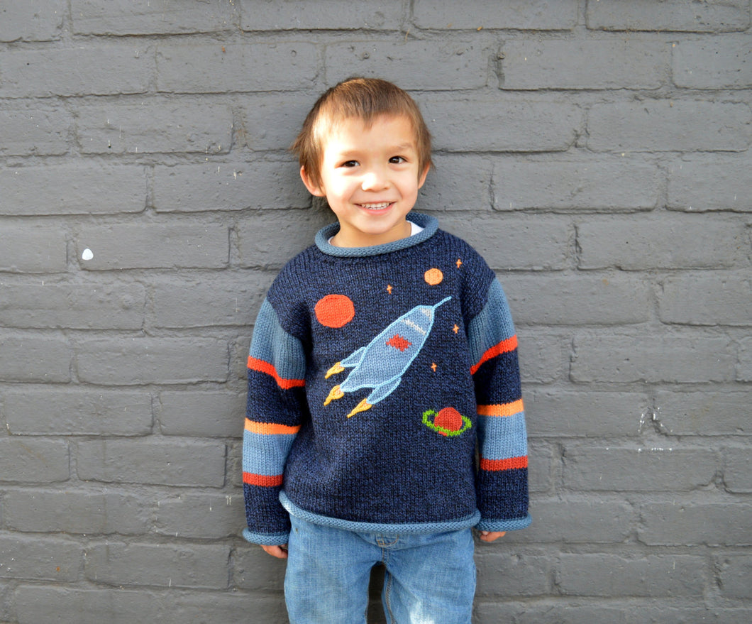 Boy Alpaca Jumper Rocket motif, Boy Sweater/Pullover, Knitted Children Clothing,Toddler Clothing, Fun children clothes, Blue jumper, Toodler