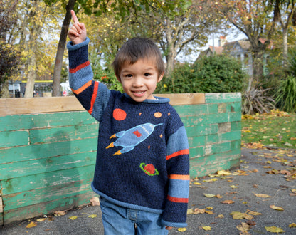 Boy Alpaca Jumper Rocket motif, Boy Sweater/Pullover, Knitted Children Clothing,Toddler Clothing, Fun children clothes, Blue jumper, Toodler