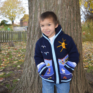 Boy/Baby/Children/Kids Blue fleece lined knitted Cardigan/Sweater/Jacket/Coat with hand embroidered applications