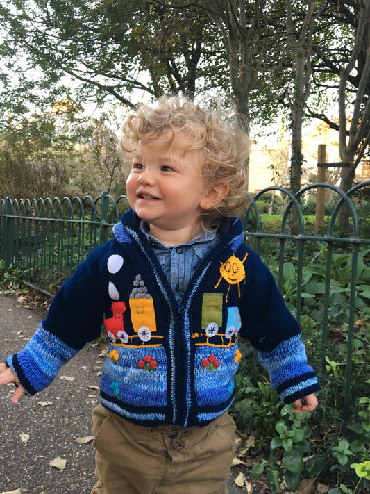 Train sweater boy/baby cardigan, Knitted  cardigan with train motifs,  Toddler pullover