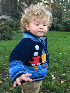 Train sweater boy/baby cardigan, Knitted  cardigan with train motifs,  Toddler pullover