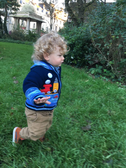 Train sweater boy/baby cardigan, Knitted  cardigan with train motifs,  Toddler pullover