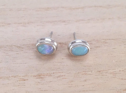 Opal stud silver earrings Oval