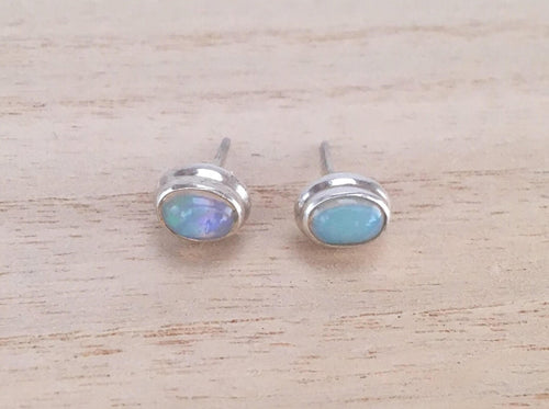 Opal stud silver earrings Oval