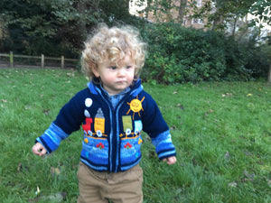 Train sweater boy/baby cardigan, Knitted  cardigan with train motifs,  Toddler pullover