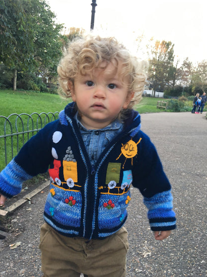 Train sweater boy/baby cardigan, Knitted  cardigan with train motifs,  Toddler pullover
