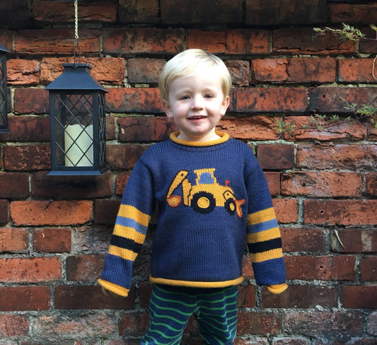 Alpaca kids sweaters, Boy Digger jumper,  Boy Alpaca Jumper Digger motif, boy alpaca sweater digger design