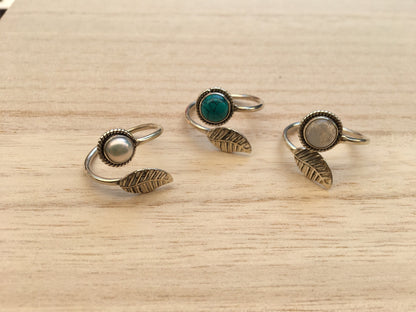 Leaf sterling silver ring, Adjustable leaf sterling silver ring, Gift for her, Leaf moonstone ring, Leaf turquoise ring, Boho silver ring,