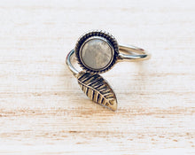 Load image into Gallery viewer, Leaf sterling silver ring, Adjustable leaf sterling silver ring, Gift for her, Leaf moonstone ring, Leaf turquoise ring, Boho silver ring,