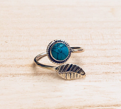 Leaf sterling silver ring, Adjustable leaf sterling silver ring, Gift for her, Leaf moonstone ring, Leaf turquoise ring, Boho silver ring,