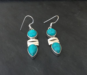 Turquoise silver earrings Oval and Teardrop