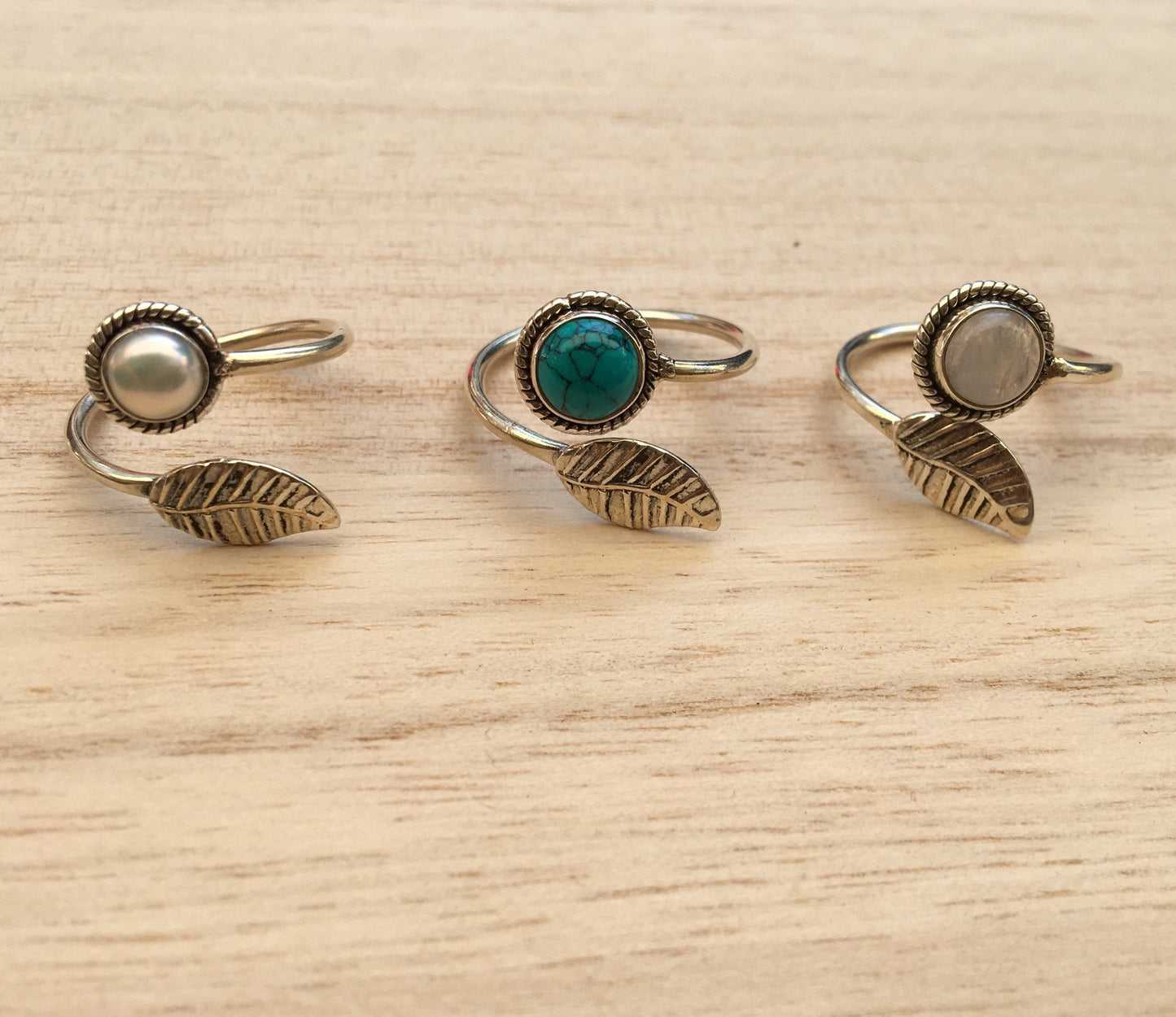 Leaf sterling silver ring, Adjustable leaf sterling silver ring, Gift for her, Leaf moonstone ring, Leaf turquoise ring, Boho silver ring,