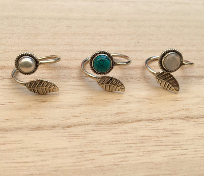 Leaf sterling silver ring, Adjustable leaf sterling silver ring, Gift for her, Leaf moonstone ring, Leaf turquoise ring, Boho silver ring,