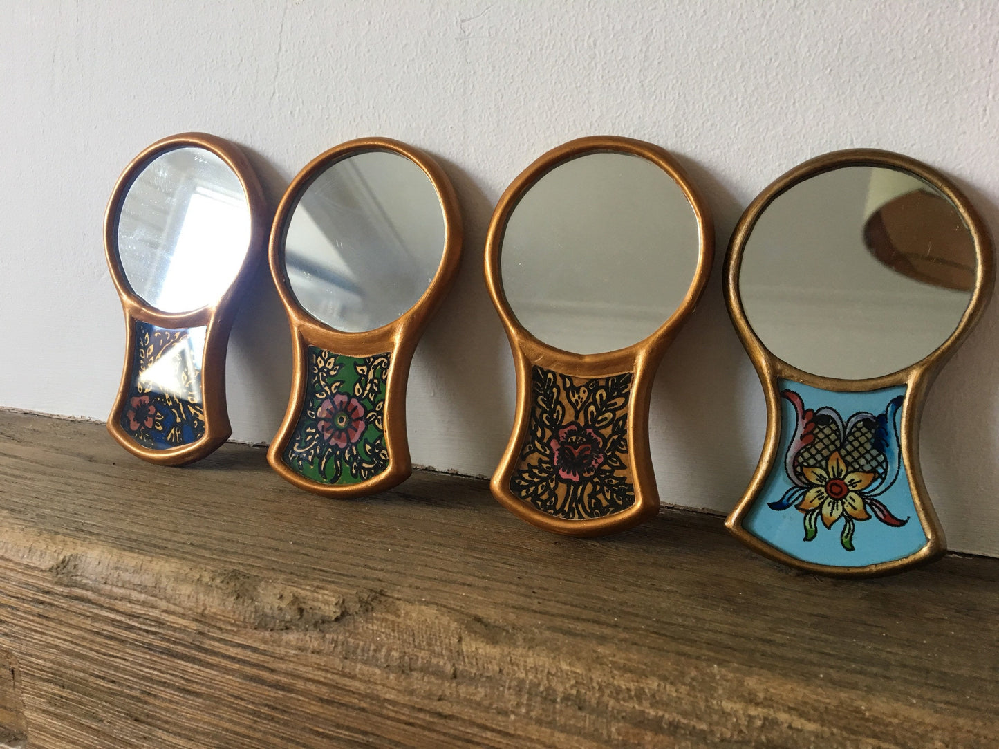 Hand mirror, Hand painted glass mirror