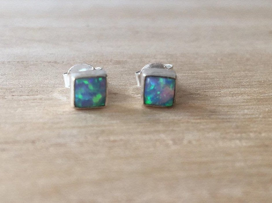Blue Opal stud silver earrings Square
