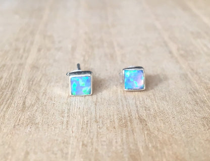 Blue Opal stud silver earrings Square