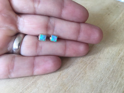 Blue Opal stud silver earrings Square