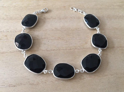 Faceted Black onyx sterling silver bracelet Oval