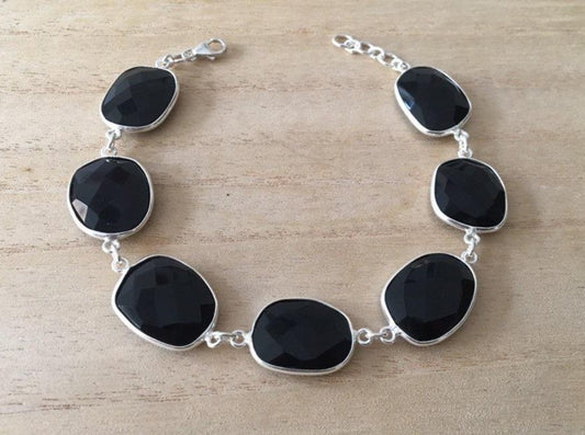 Faceted Black onyx sterling silver bracelet Oval