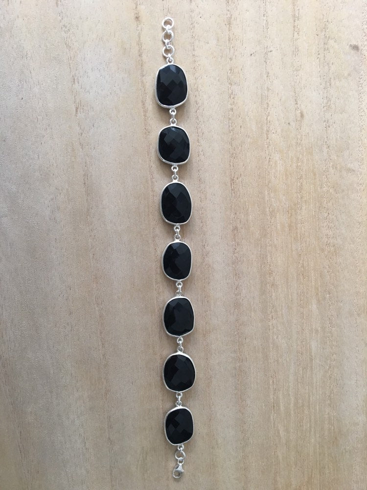 Faceted Black onyx sterling silver bracelet Oval