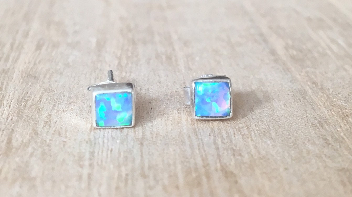 Blue Opal stud silver earrings Square