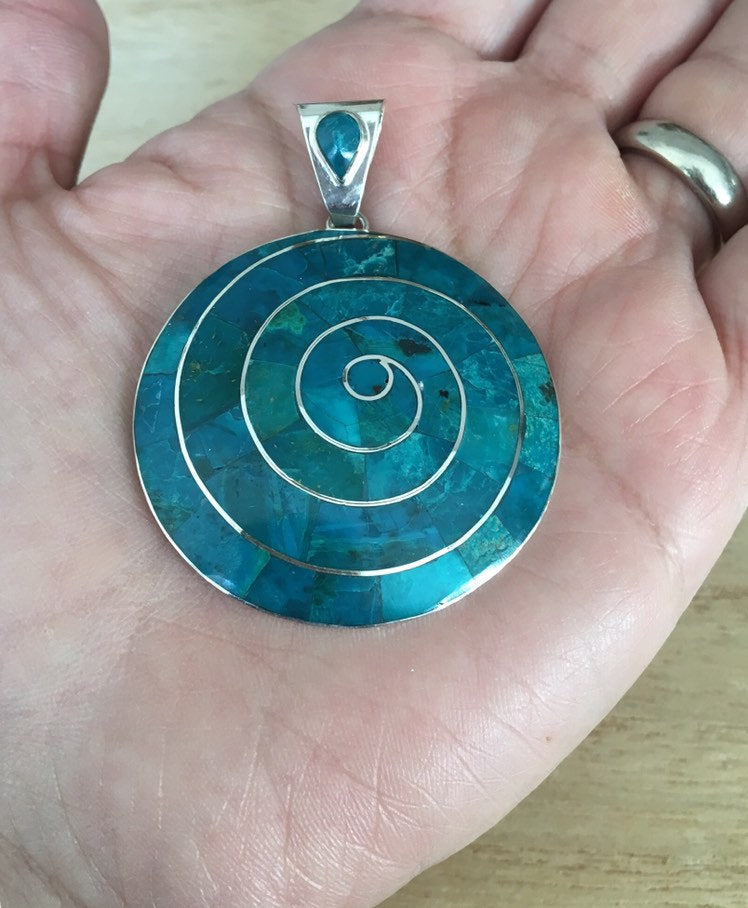 Pachamama silver pendant, Chrysocola pendant, Peruvian silver pendant, Inca Sun silver pendant, Green pendant