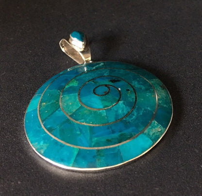 Pachamama silver pendant, Chrysocola pendant, Peruvian silver pendant, Inca Sun silver pendant, Green pendant