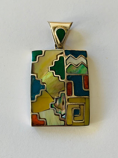Geometric silver pendant, Chakana Pendant, Inca cross pendant, Inca calendar pendant, Rectangular pendant