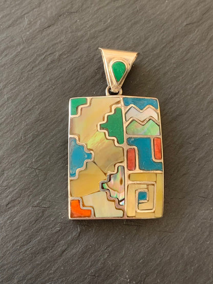 Geometric silver pendant, Chakana Pendant, Inca cross pendant, Inca calendar pendant, Rectangular pendant