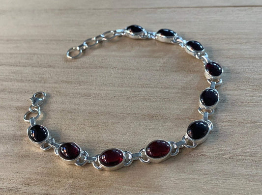 Garnet sterling silver bracelet, Garnet bracelet Oval