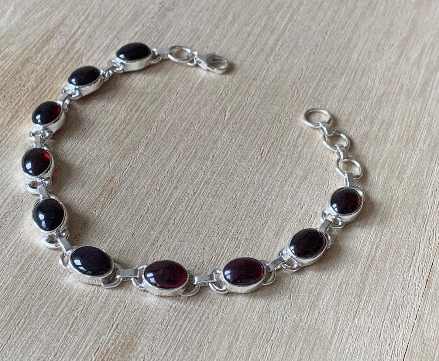 Garnet sterling silver bracelet, Garnet bracelet Oval