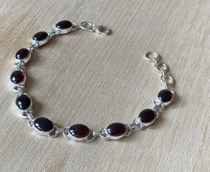 Garnet sterling silver bracelet, Garnet bracelet Oval
