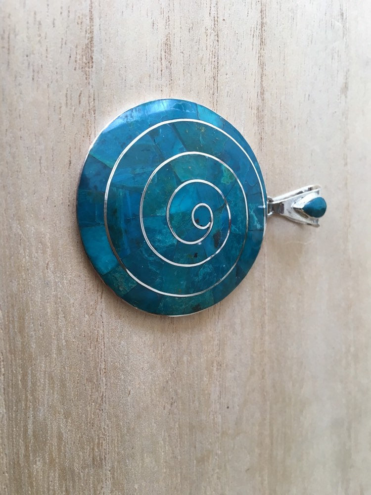 Pachamama silver pendant, Chrysocola pendant, Peruvian silver pendant, Inca Sun silver pendant, Green pendant