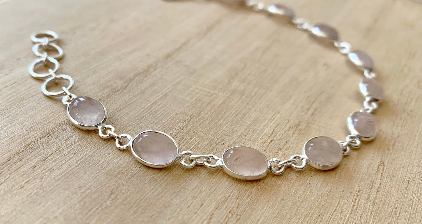 Rose quartz sterling silver bracelet Oval