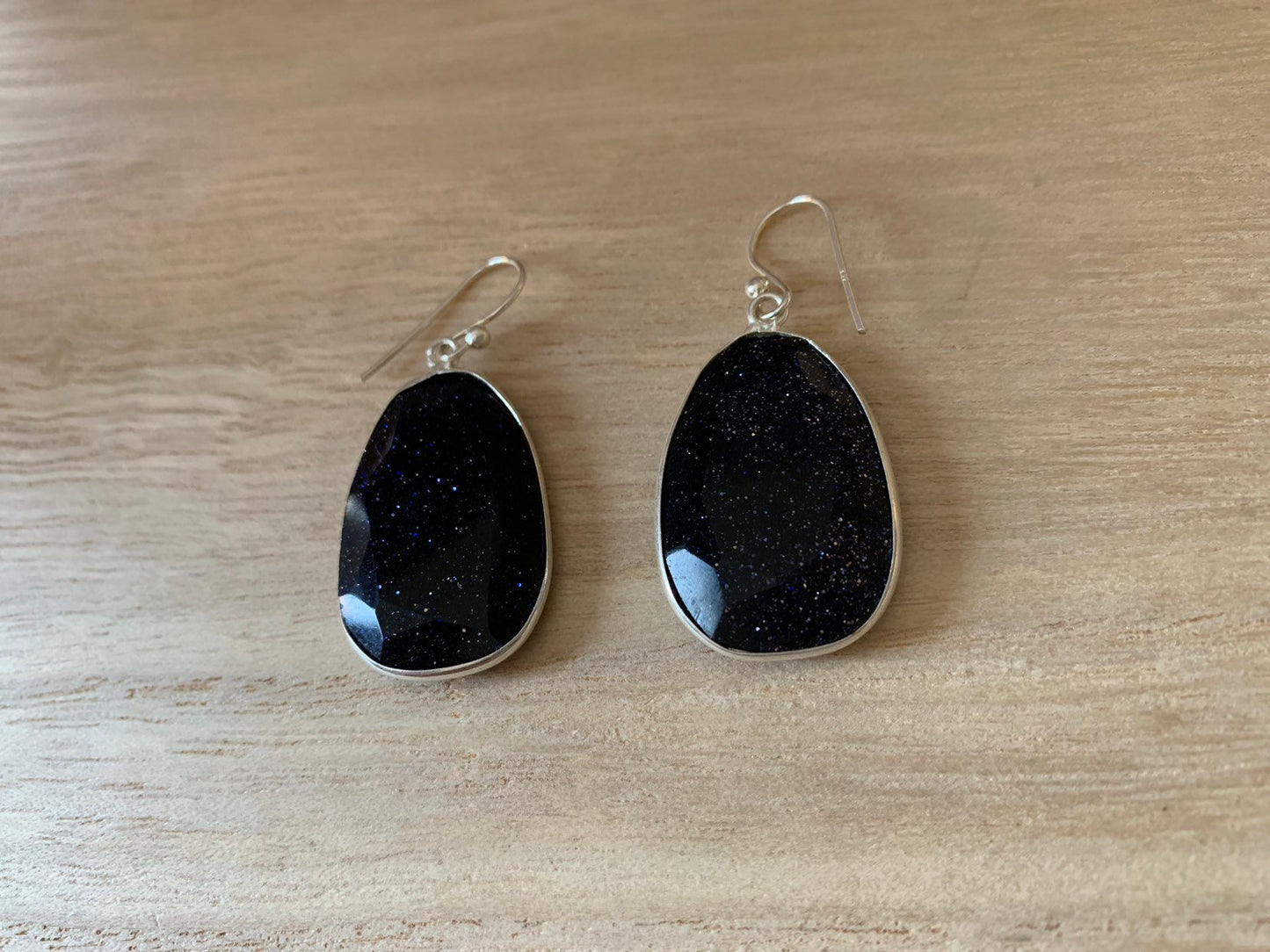 Big blue sandstone faceted silver earrings