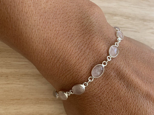 Rose quartz sterling silver bracelet Oval